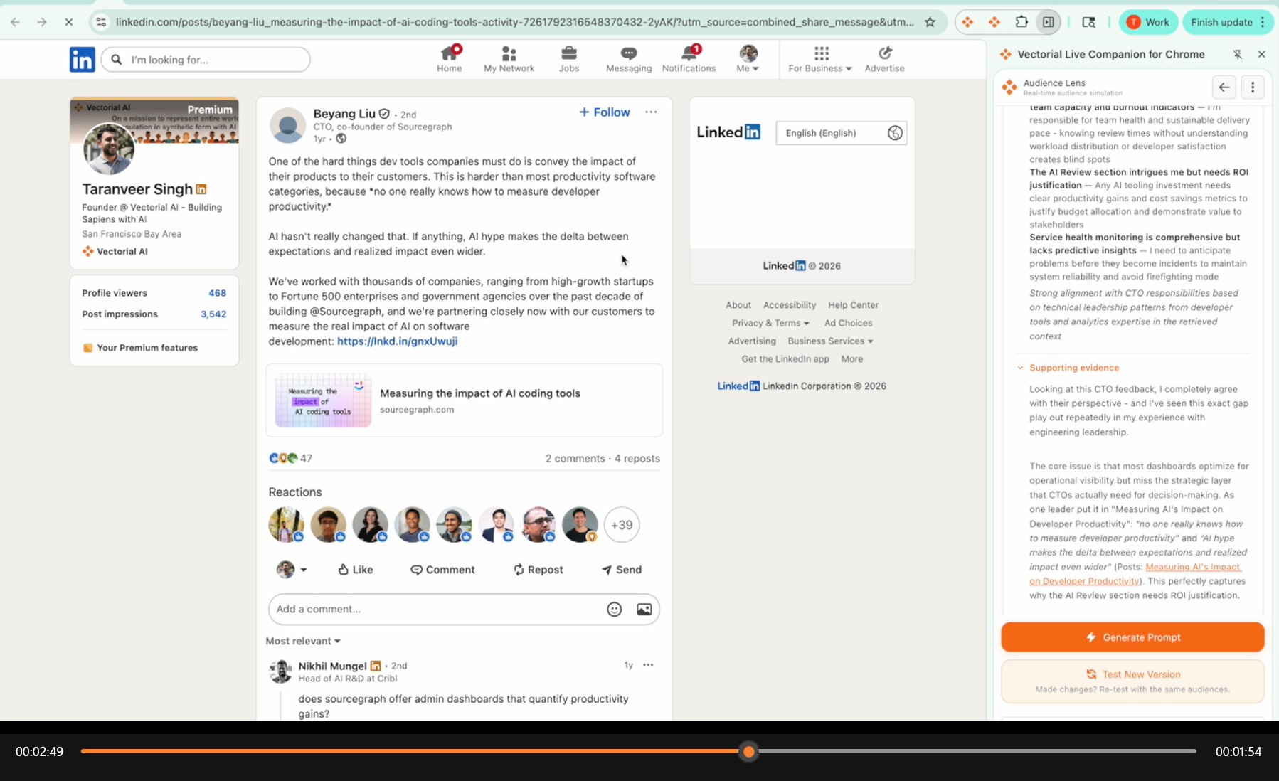 Browser agent navigating to a real LinkedIn post as supporting evidence for a persona opinion