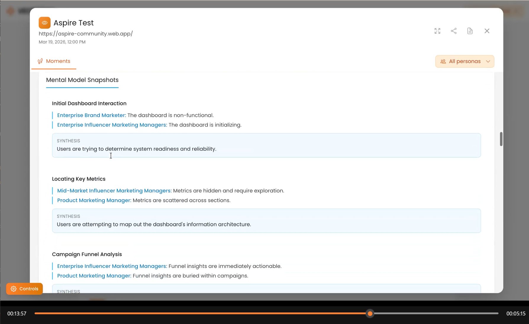 Broken vs Validated Assumptions panel from Aspire usability test