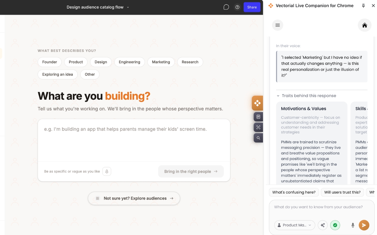 Product Marketing Managers audience response shown in their own voice, alongside the motivations and skills traits driving that reaction.