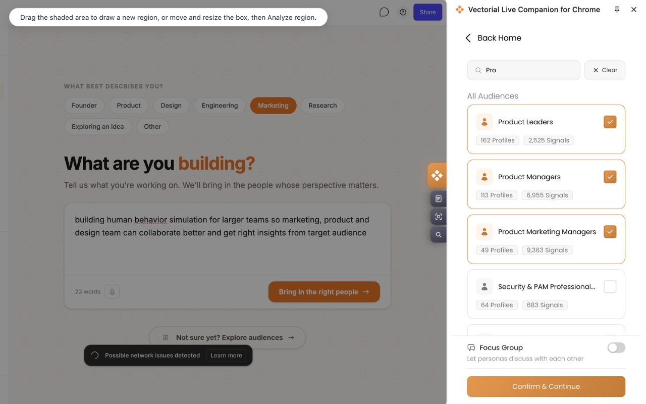 Vectorial Chrome extension audience selection screen showing Product Leaders, Product Managers, and Product Marketing Managers as selectable audiences with profile and signal counts.
