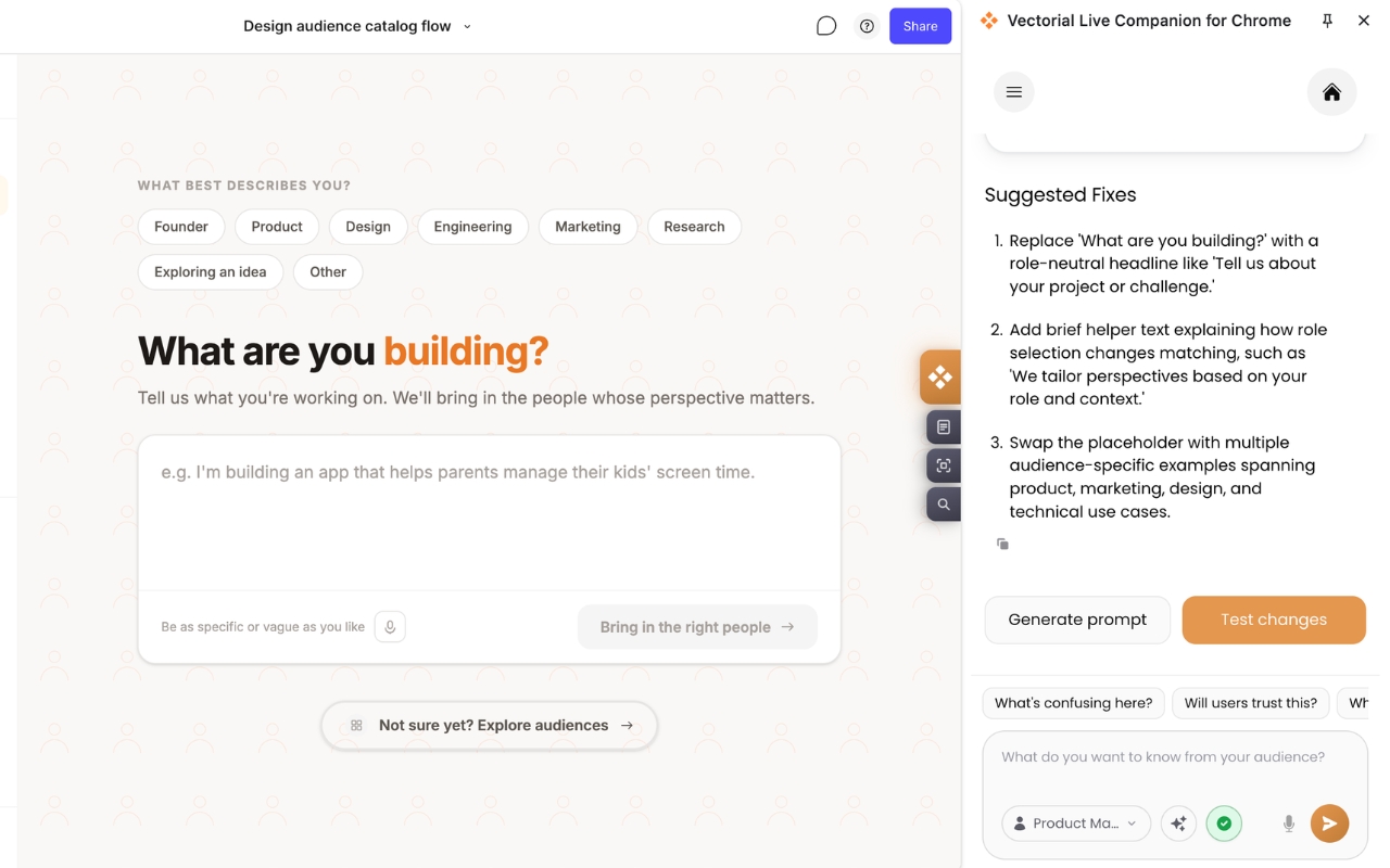 Suggested fixes generated by Vectorial from the audience's feedback, ready to generate a prompt or test as the next version.