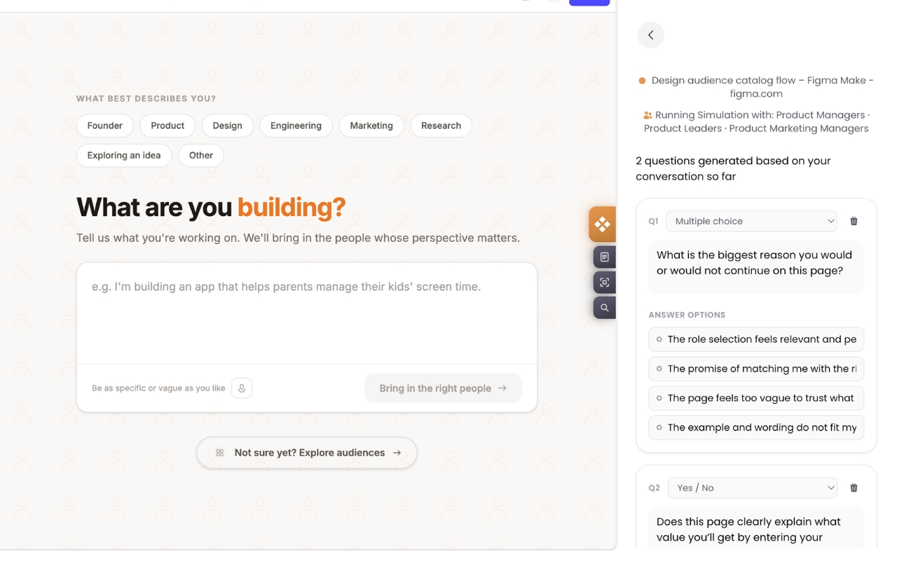 Vectorial extension generating multiple-choice and yes/no validation questions based on the conversation, used to pressure-test a decision before running it as a live A/B test.